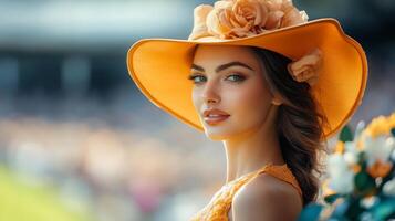 Elegant woman wearing a large yellow hat with flowers at a summer event in a lively outdoor setting photo