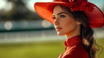 Elegant woman in a striking red hat and dress poses outdoors during a sunny afternoon event photo