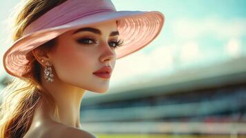 Woman wearing a large pink hat and elegant earrings enjoying a sunny day at a vibrant outdoor event in a scenic location photo