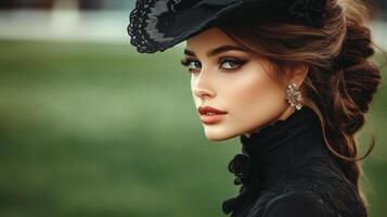Elegant woman in black attire poses gracefully outdoors in soft lighting surrounded by lush greenery photo