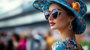 Elegant woman in a floral hat and sunglasses at a lively outdoor event during the day photo