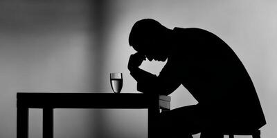 Man sitting alone at table in silhouette reflecting on life with glass of water in dimly lit room photo