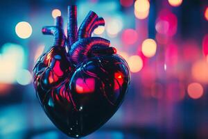 Heart sculpture illuminated with vibrant colors in an artistic display at a modern gallery photo