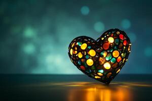 Colorful heart-shaped lantern shines brightly on a table with a blurred background creating a warm and inviting atmosphere at night photo
