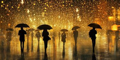 People walking with umbrellas in a rainy urban setting at night with glowing lights photo