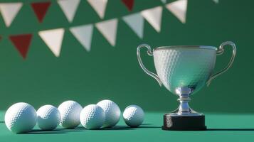 Exciting golf tournament trophy with white balls displayed against a festive backdrop photo