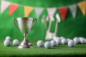 Golf trophy sits on green turf surrounded by white golf balls and colorful bunting during a festive sports event photo