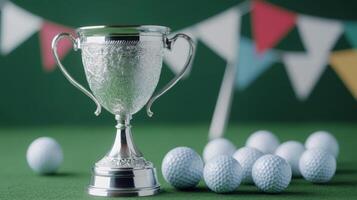 Golf trophy surrounded by golf balls and decorative flags at a tournament celebration photo