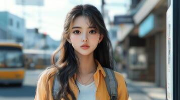Young woman walking in city street wearing a yellow shirt and backpack during daytime photo