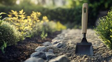 Gardening tools in a serene garden setting during the golden hour showcasing fresh soil and vibrant plants photo