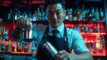 Skilled bartender mixes cocktails in a vibrant bar setting at night photo