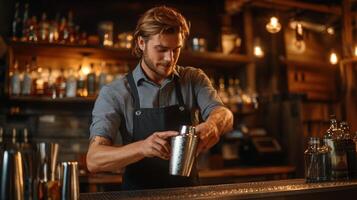 Bartender prepares cocktails in a lively bar during evening hours, showcasing mixology skills and vibrant atmosphere photo