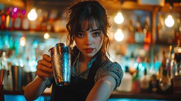 Bartender skillfully preparing a cocktail in a vibrant bar setting during the evening photo