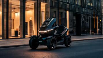 Electric two-seater vehicle parked near modern architecture in the evening light showcasing a sleek design photo