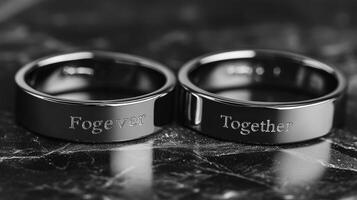 Unique couple's rings engraved with Fogever and Together on polished black surface showcasing love and commitment photo