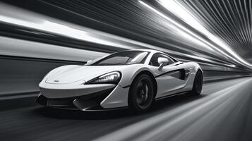 Fast white sports car speeding through a tunnel with dynamic motion blur at night photo