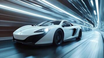 Fast white sports car racing through a futuristic tunnel at high speed during the night photo
