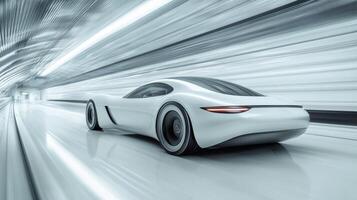 Electric sports car racing through a futuristic tunnel at high speed in a dynamic urban environment during the day photo