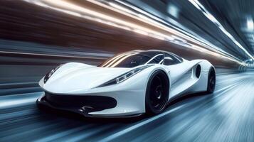 High-speed modern car racing through a futuristic tunnel at night photo