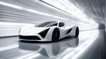 Sleek white sports car speeds through futuristic tunnel at high velocity photo