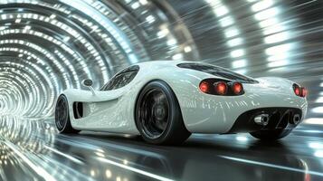 Sleek sports car speeding through a futuristic tunnel illuminated by bright lights at dusk photo