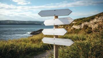 Directional signpost near the coast with a scenic view of the ocean and grassy landscape photo