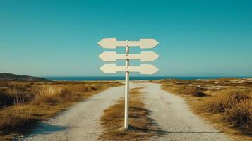 Directional signpost at a coastal road under a clear blue sky during daylight hours photo