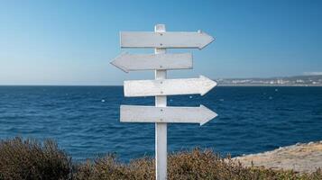 Coastal signpost with multiple directions near serene blue water on a clear day photo