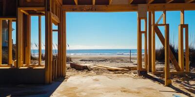 Construction progress of beach house with ocean view in bright sunlight on a clear day photo