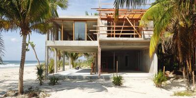 Coastal construction of a modern house with wooden scaffolding under a blue sky near the beach photo