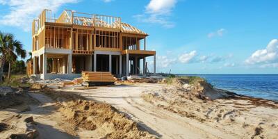 Construction of a new waterfront home on sandy shores under a blue sky with fluffy clouds photo