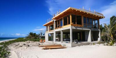 Coastal home under construction on a sandy beach with palm trees and a clear blue sky in the background photo