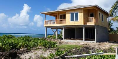 Construction of a coastal house on stilts with a view of the ocean under a clear blue sky photo