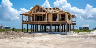 Coastal home under construction on a sunny day, showcasing modern architecture and elevated design in a beach setting photo