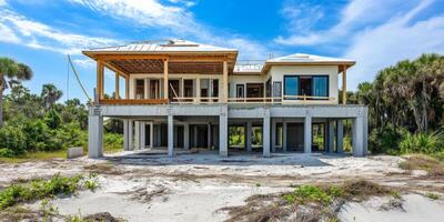 Coastal house under construction near a lush landscape with palm trees on a sunny day photo