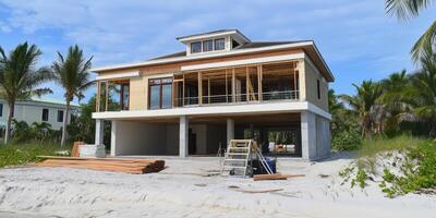 Construction of a beach house near the shoreline during sunny weather with palm trees in the background photo