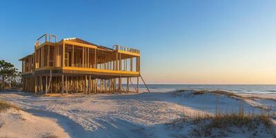 Construction of oceanfront beach house at sunset with clear skies and calm waters photo