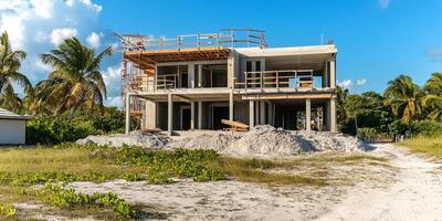 Construction of a modern beach house in a tropical location under a clear blue sky photo