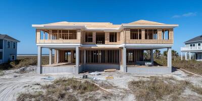 Construction of a modern beachfront house in a coastal area during clear weather photo