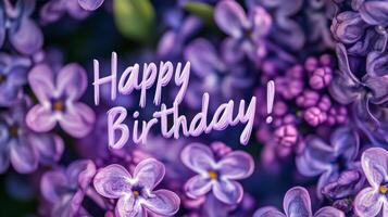 Colorful purple flowers with a birthday greeting displayed on a vibrant background during springtime photo