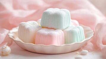 Delicate pastel marshmallows arranged on a decorative plate with soft fabric in the background photo