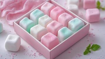 Delightful pastel marshmallows arranged neatly in a pink box on a light background photo