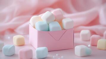 Colorful marshmallows in a pink box create a playful dessert display on a soft background photo