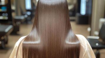 Long, smooth brown hair after professional styling at a salon during a daytime appointment photo