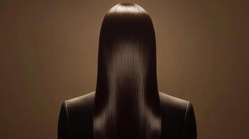 Long, glossy hair of a person styled elegantly against a warm, neutral background in a softly lit environment photo