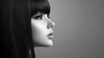 Portrait of a woman with long black hair in profile against a minimalistic dark background photo