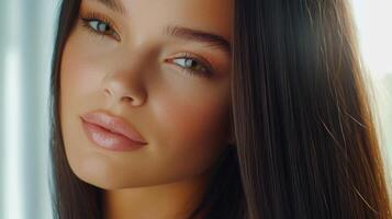 Woman with long dark hair and striking features gazes softly with bright eyes in a serene indoor setting photo