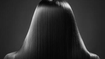 Long, sleek black hair showcasing smooth texture and shine against a dark background in a minimalist style photo