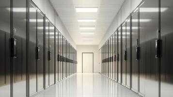 Modern storage facility hallway with sleek metal lockers and bright lighting during the day photo