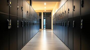 Rows of black lockers in a modern hallway of a gym facility during evening hours photo
